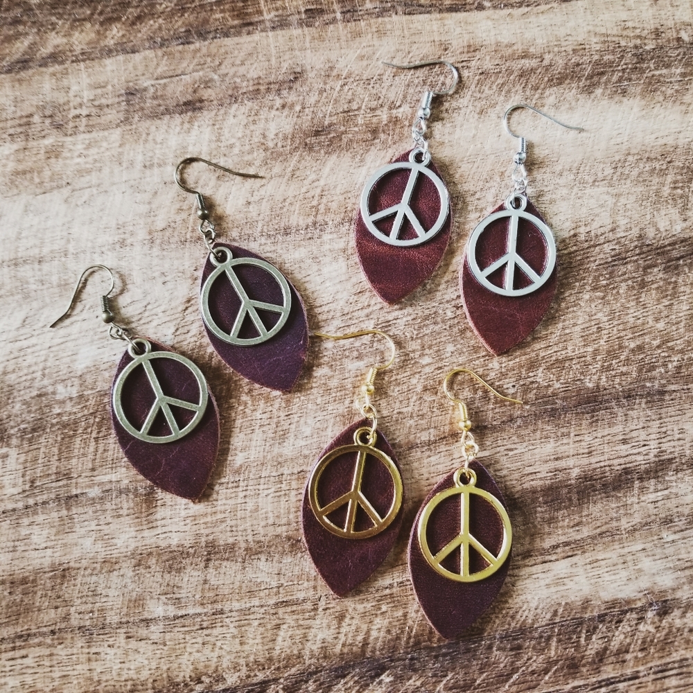 Handmade Leather Peace Sign Earrings